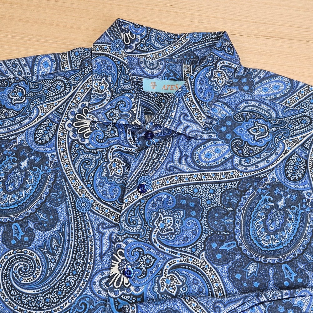 ATESETA Paisley Button Up Shirt Mens 45 Blue Long Sleeve Cotton Italian Style